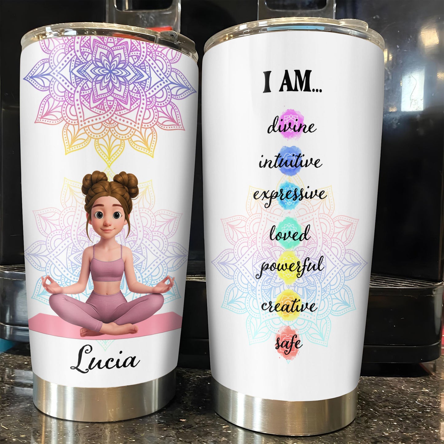 I Am Divine Intuitive Expressive, Mandala And Meditating Girl Tumbler