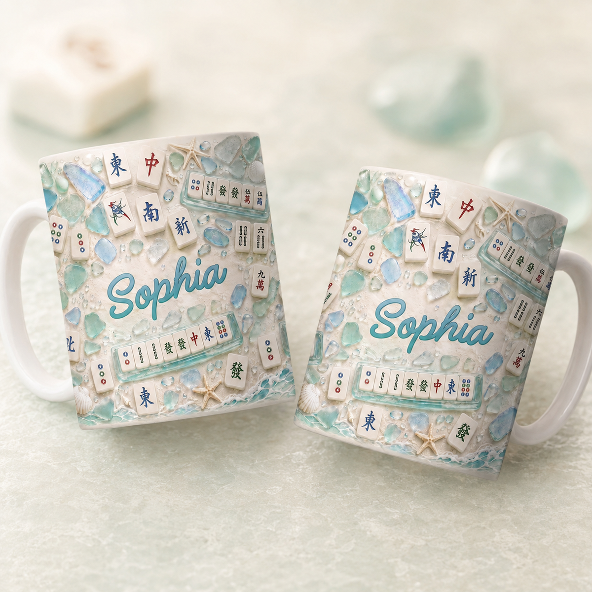 Mahjong With My Girls Beach Sea Glass Tiles And Starfish - Personalized Custom Coffee Mug - HOB327_MG