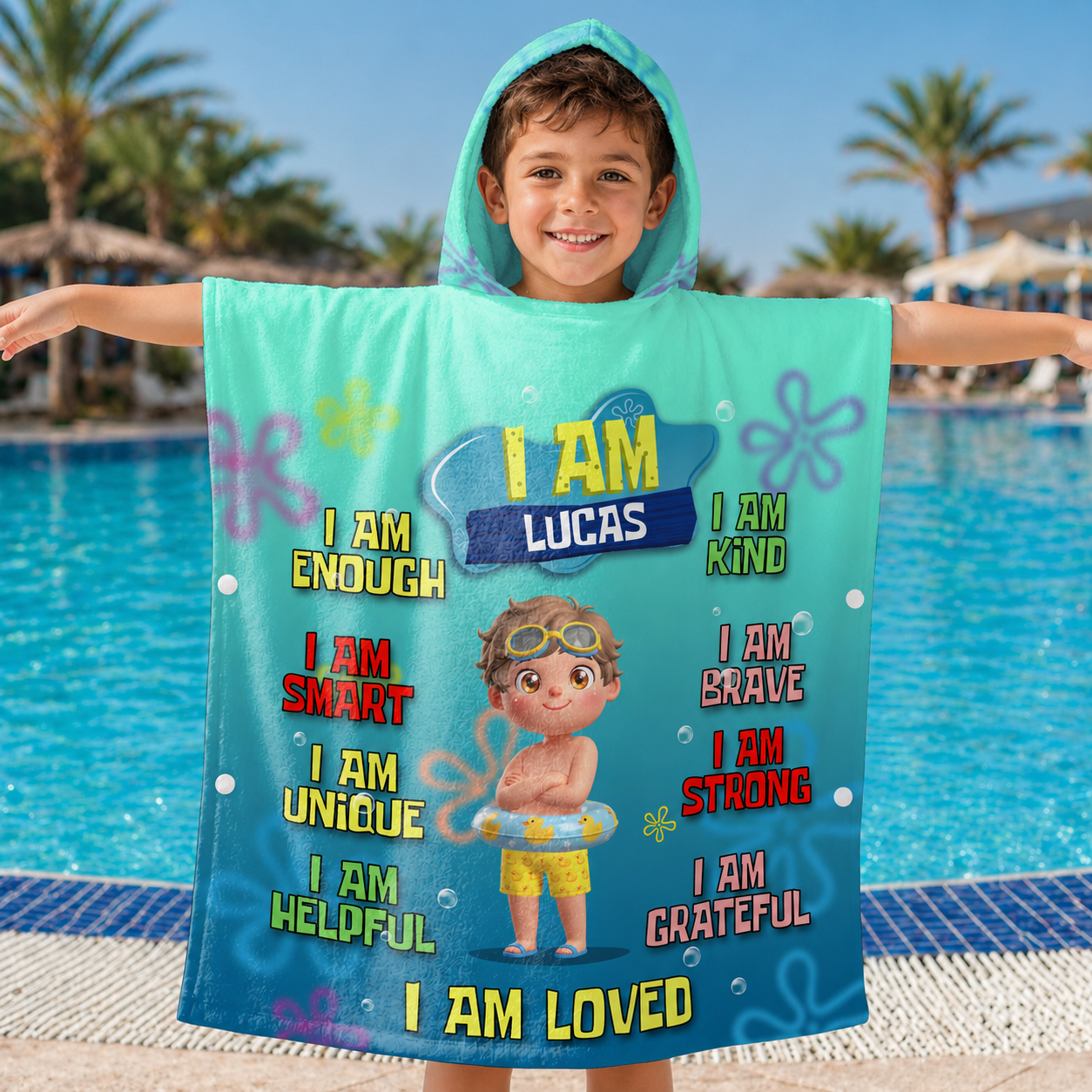 I Am Enough Affirmations With Kid And Flowers - Personalized Kids Hooded Beach Towel - KID708_HOTOKI