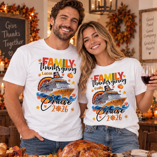 Family Thanksgiving Cruise With Ship And Autumn Leaves - Personalized Custom Unisex T-shirt, Hoodie - FAM1238_WBAS