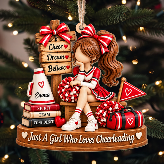Just A Girl Who Loves Cheerleading Cheerleader With Pom Poms And Megaphone - Personalized Custom Wood Ornament, Custom Shaped - JBS402_WDO