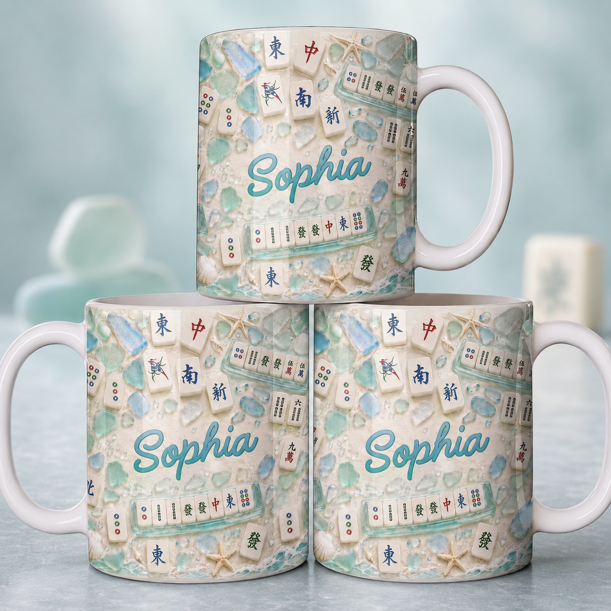Mahjong With My Girls Beach Sea Glass Tiles And Starfish - Personalized Custom Coffee Mug - HOB327_MG