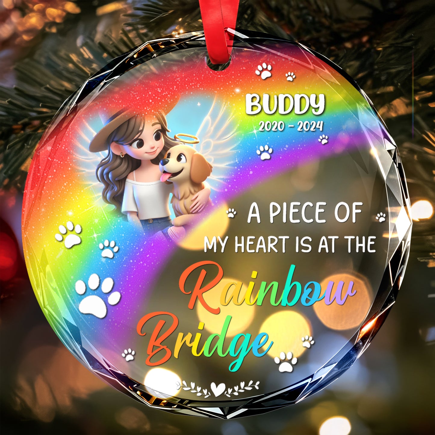 A Piece Of My Heart Is At The Rainbow Bridge Ornament - Personalized Custom Circle Glass Ornament - PME006_CGOR