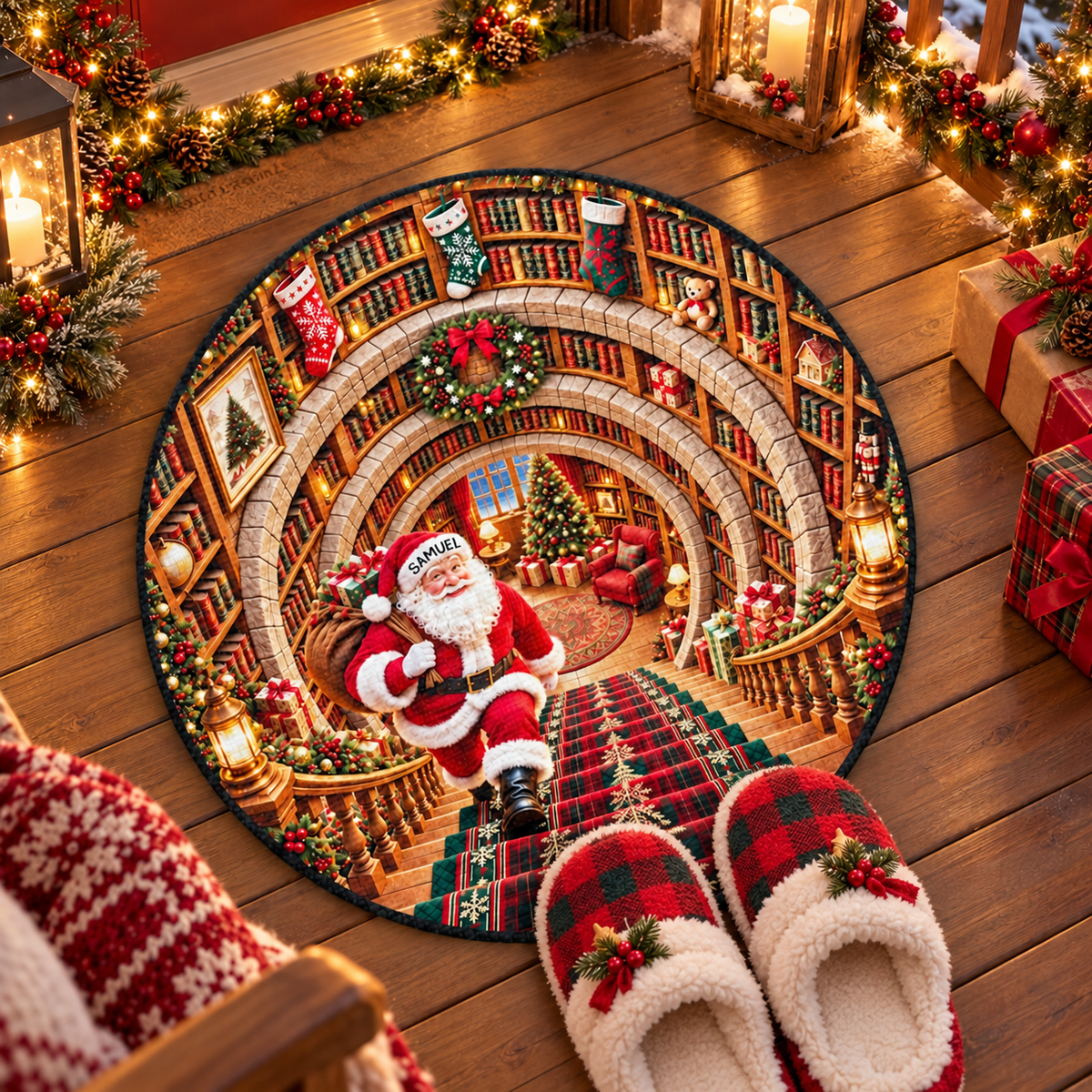 Santa Claus Walking Up 3D Library Stairs With Books And Christmas Wreath - Personalized Custom Shaped Doormat - XMAS406_CUDOR