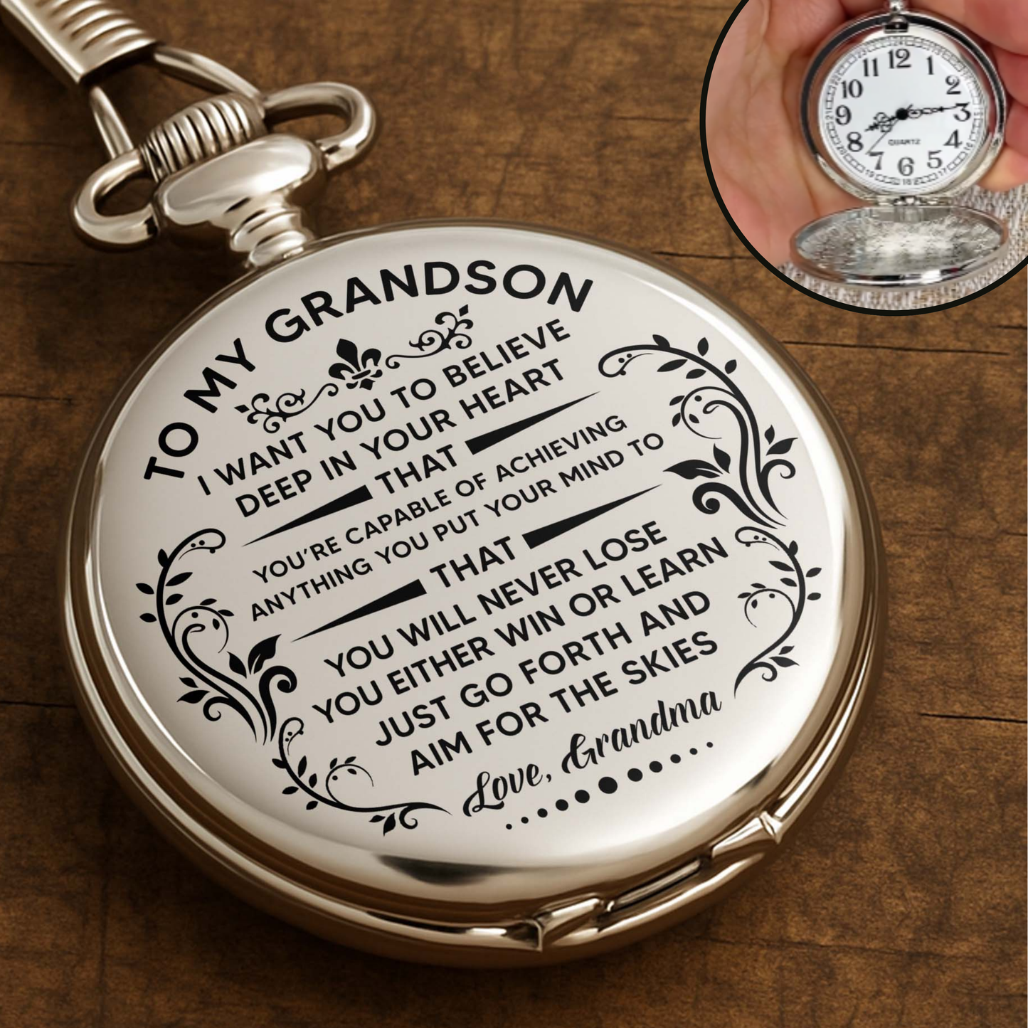 À mon petit-fils, crois en toi avec des fioritures élégantes - Montre de poche plaquée argent personnalisée - GSN001_SWATCH