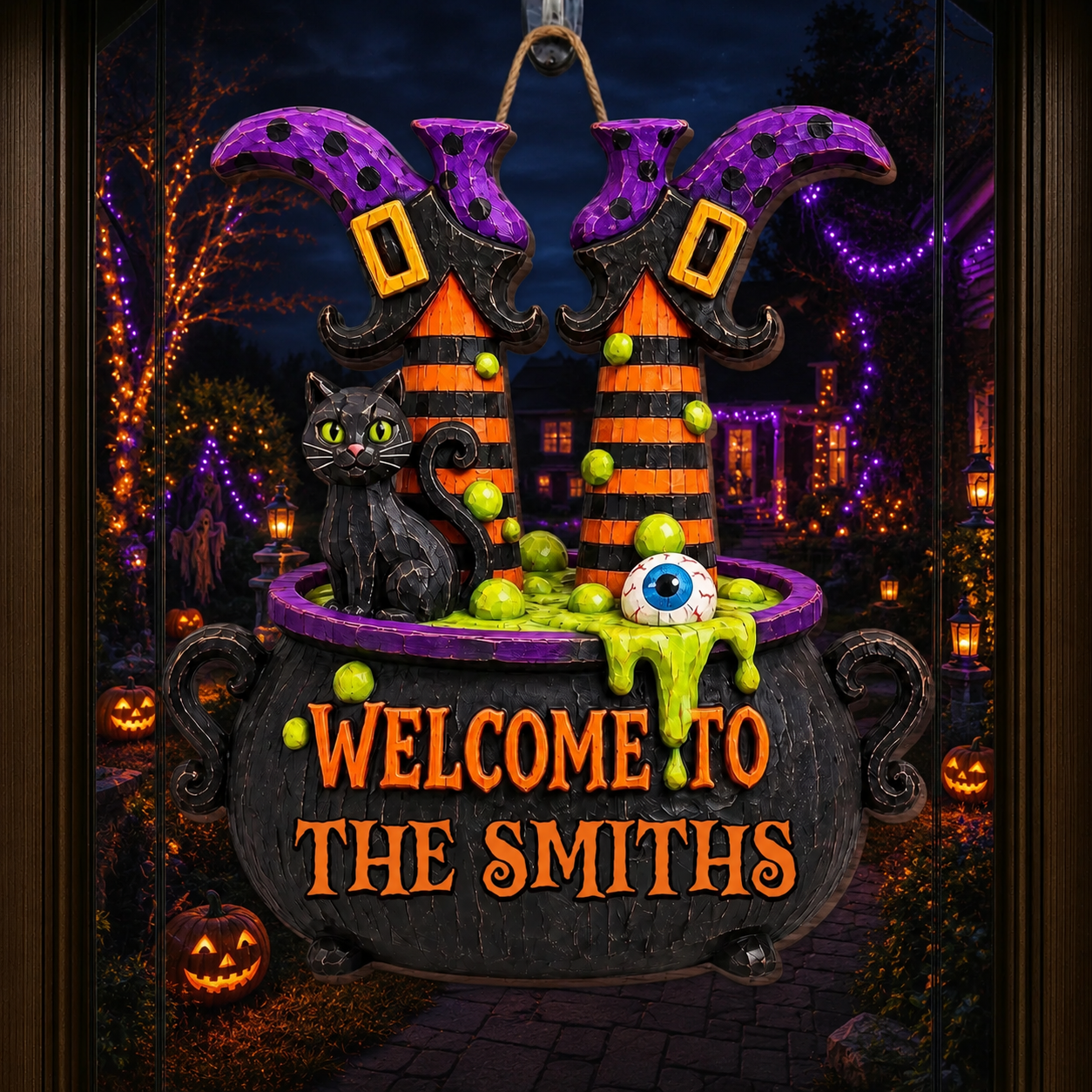 Welcome To The Family Witch Legs And Black Cat Cauldron - Personalized Custom Shaped Wood Sign - HALW135_WSIGN