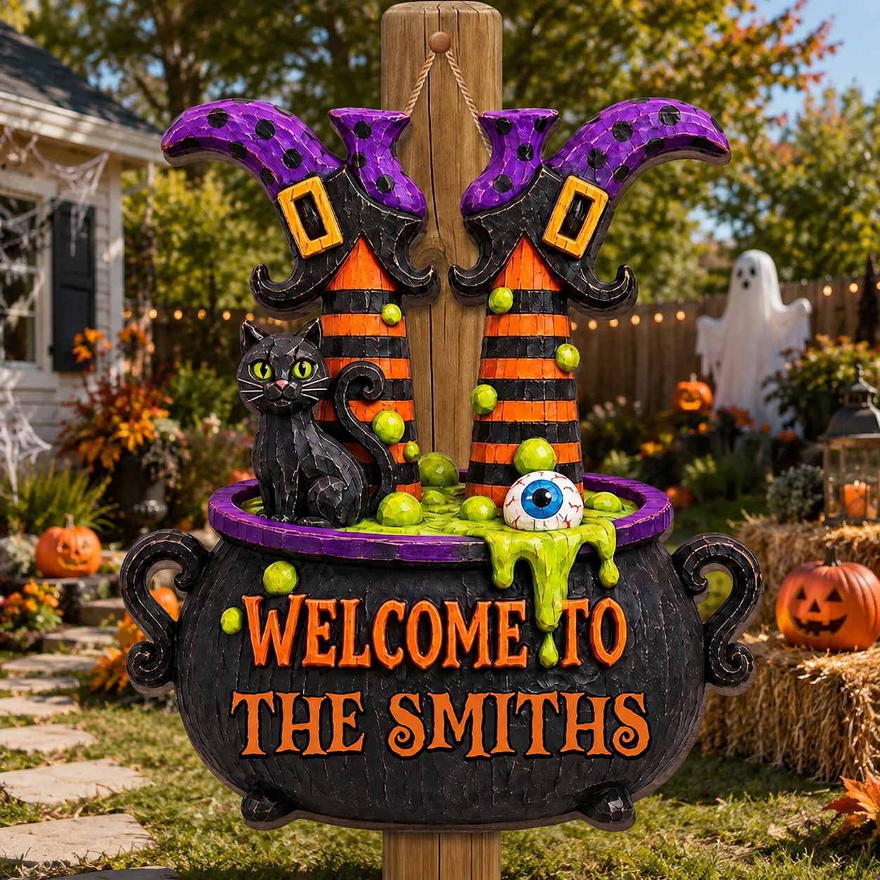 Welcome To The Family Witch Legs And Black Cat Cauldron - Personalized Custom Shaped Wood Sign - HALW135_WSIGN