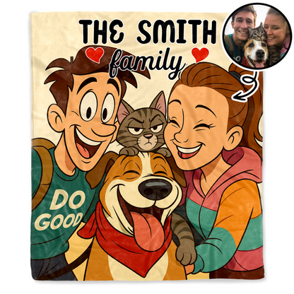 La famille Smith avec chien et chat – Couverture personnalisée – FAM402_BLK