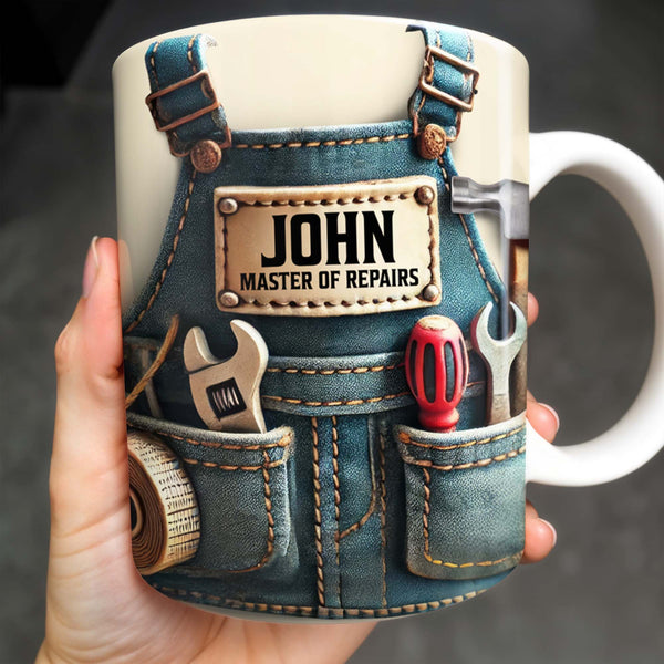 Maître des réparations, ceinture à outils, clé, mètre ruban – Tasse à café personnalisée – DAD062_MG