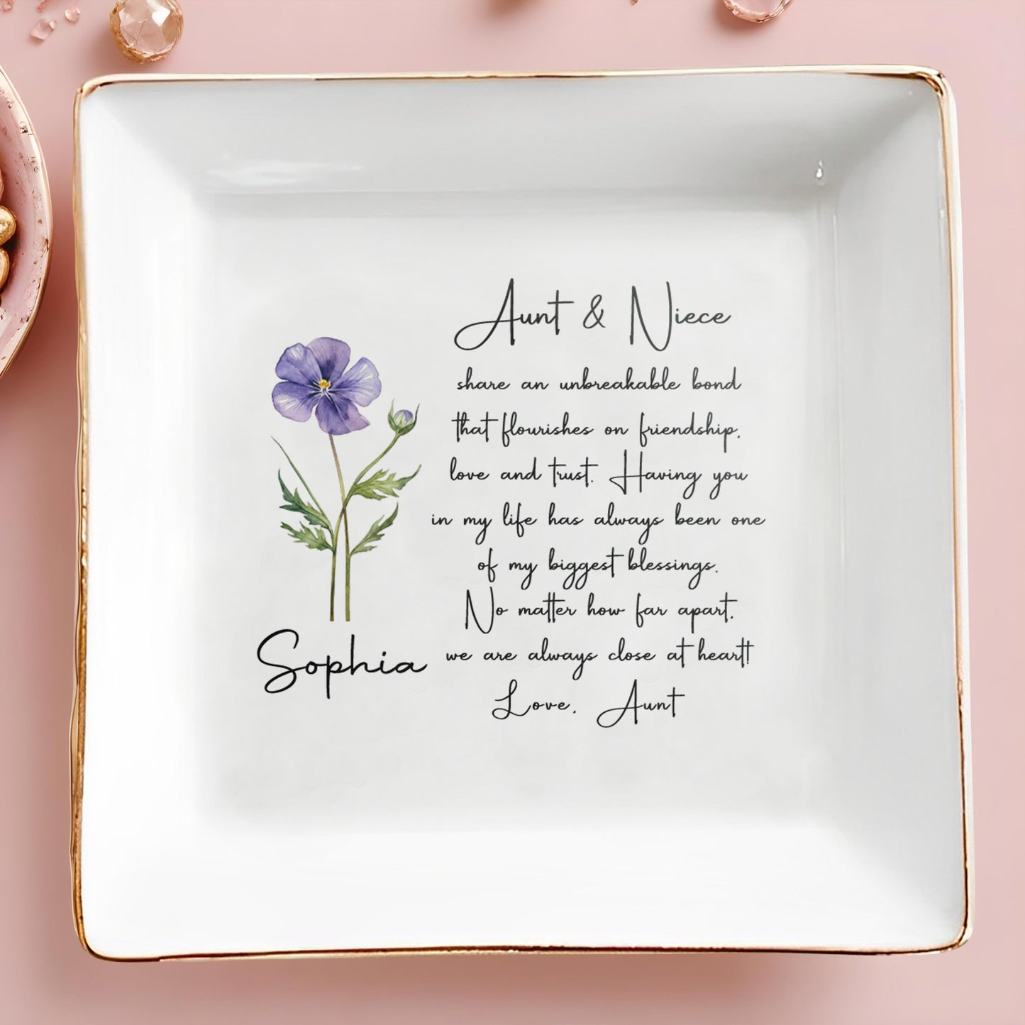 Aunt And Niece Share An Unbreakable Bond Flower Jewelry Dish - Personalized Custom Jewelry Dish, Square Ceramic Dish - NCE041_SCRD