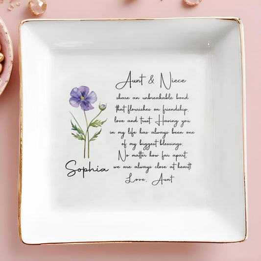 Aunt And Niece Share An Unbreakable Bond Flower Jewelry Dish - Personalized Custom Jewelry Dish, Square Ceramic Dish - NCE041_SCRD