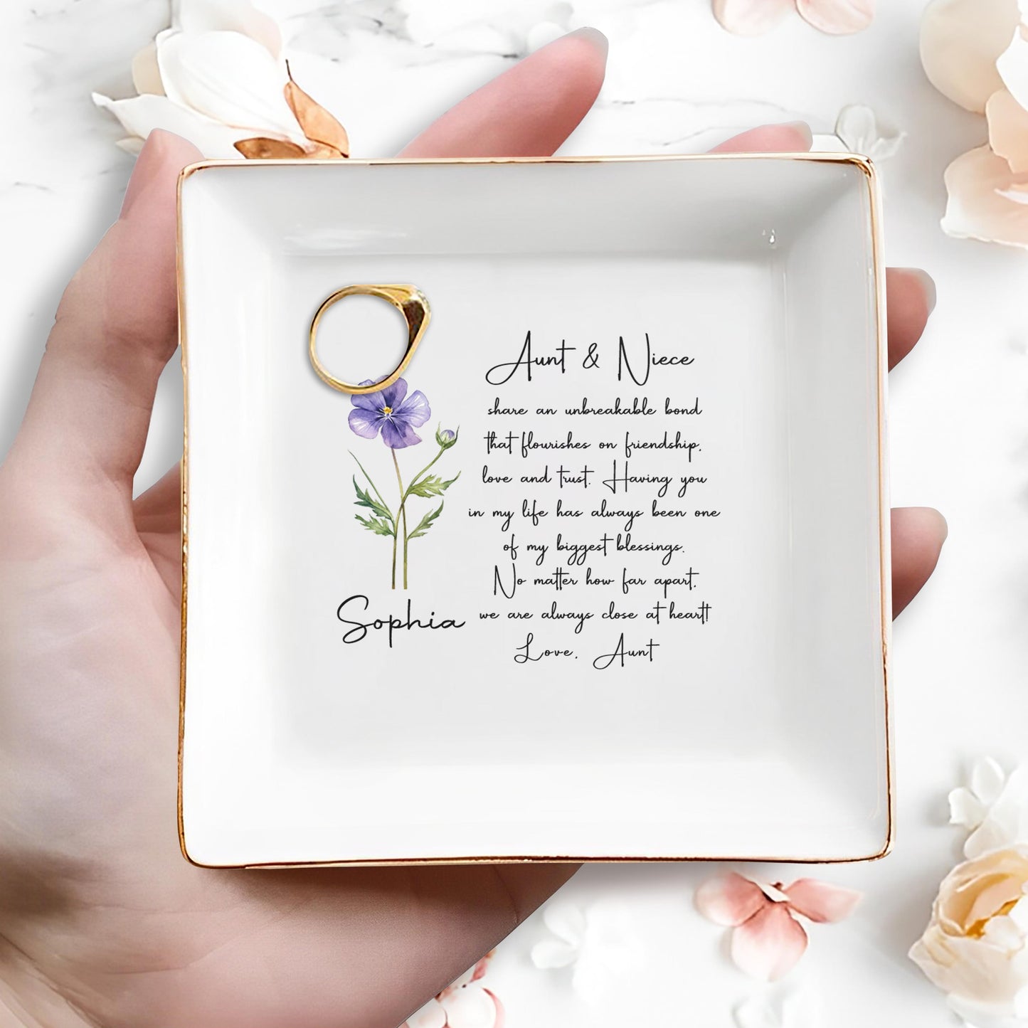 Aunt And Niece Share An Unbreakable Bond Flower Jewelry Dish - Personalized Custom Jewelry Dish, Square Ceramic Dish - NCE041_SCRD