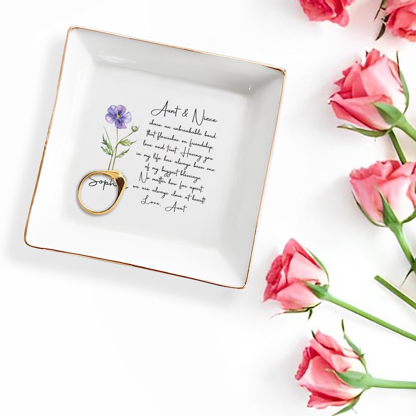 Aunt And Niece Share An Unbreakable Bond Flower Jewelry Dish - Personalized Custom Jewelry Dish, Square Ceramic Dish - NCE041_SCRD