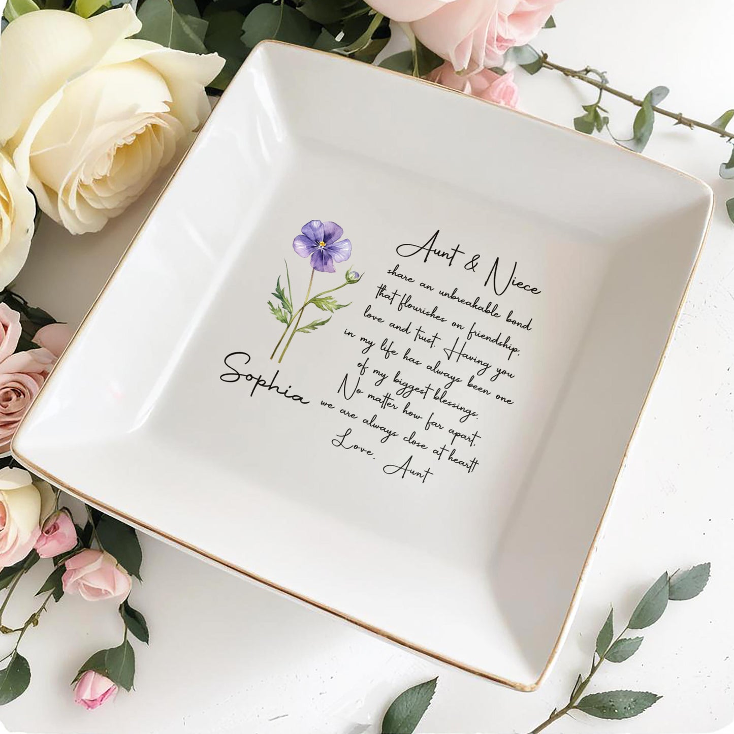 Aunt And Niece Share An Unbreakable Bond Flower Jewelry Dish - Personalized Custom Jewelry Dish, Square Ceramic Dish - NCE041_SCRD