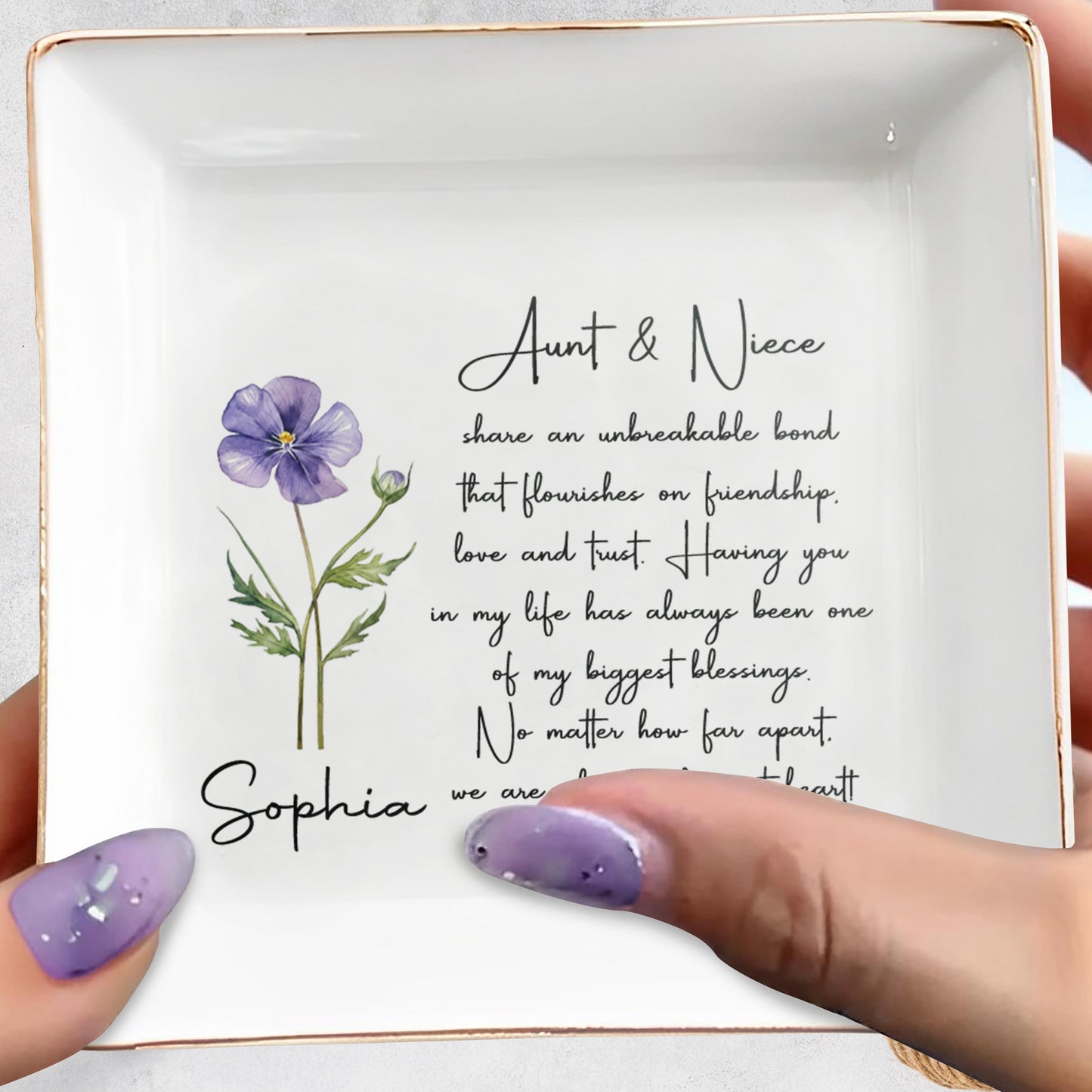 Aunt And Niece Share An Unbreakable Bond Flower Jewelry Dish - Personalized Custom Jewelry Dish, Square Ceramic Dish - NCE041_SCRD