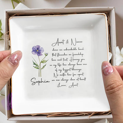 Aunt And Niece Share An Unbreakable Bond Flower Jewelry Dish - Personalized Custom Jewelry Dish, Square Ceramic Dish - NCE041_SCRD