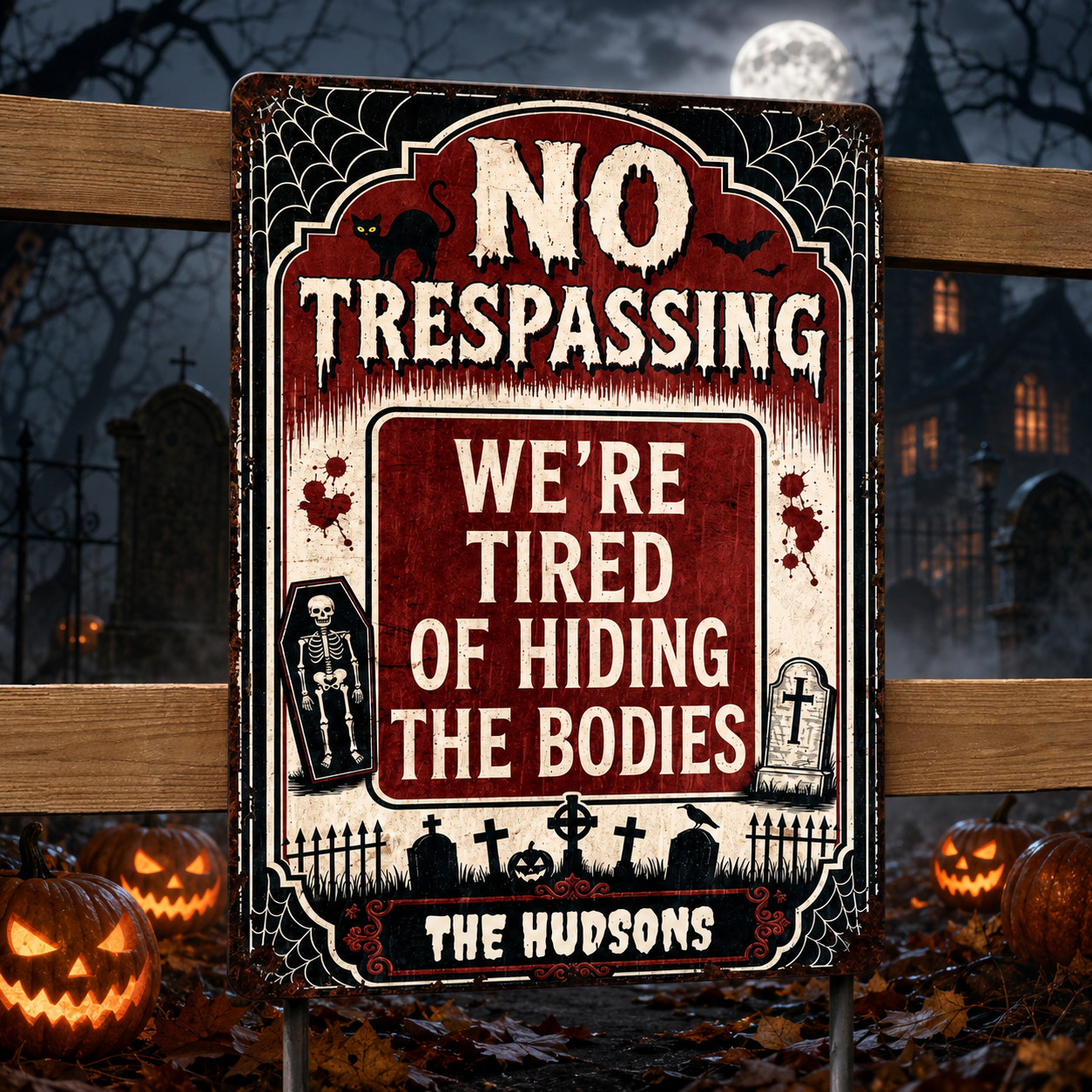 No Trespassing We're Tired Of Hiding The Bodies Skeleton Graveyard Halloween - Personalized Metal Sign - HALW098_MSIGN