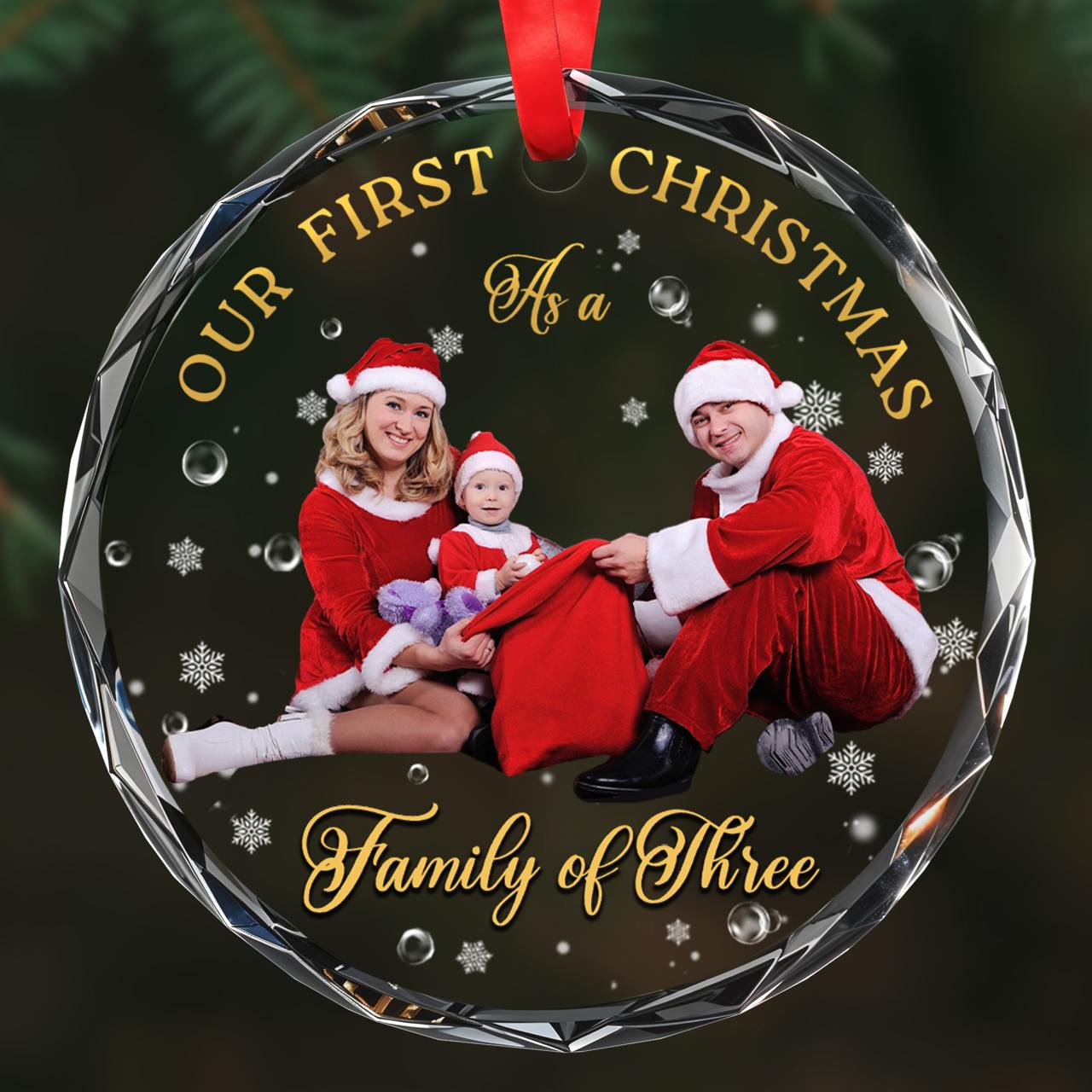 Our First Christmas As Family Of Three - Personalized Custom Circle Glass Ornament - FAM112_CGOR