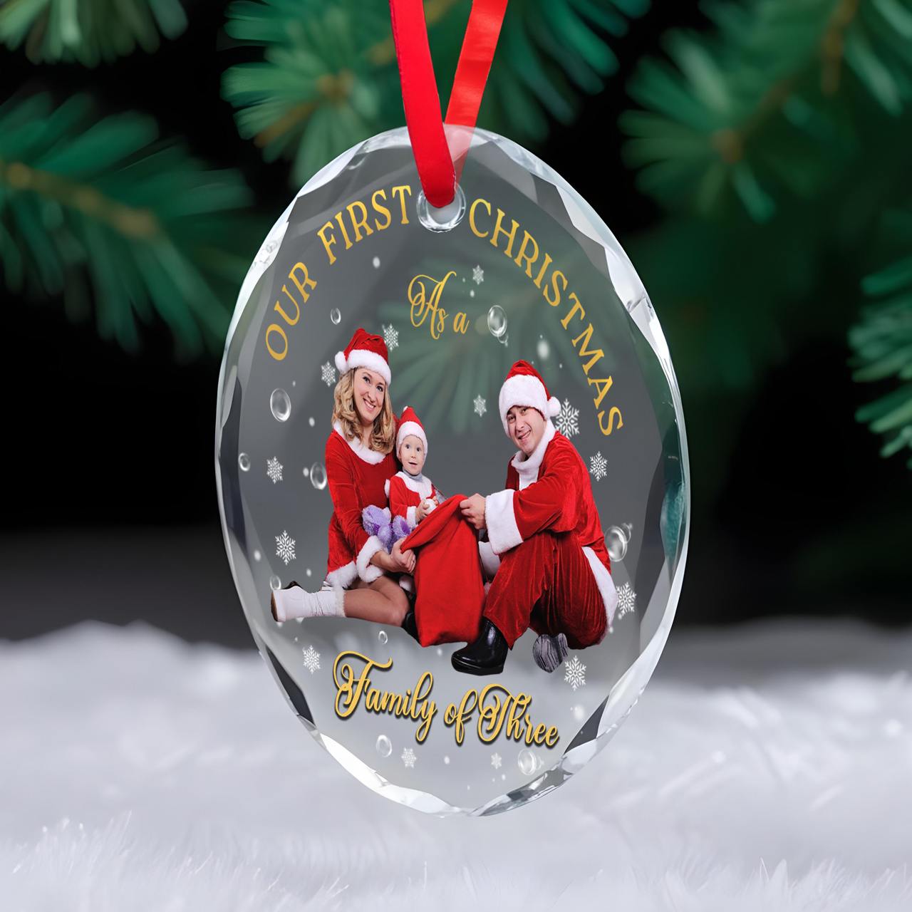 Our First Christmas As Family Of Three - Personalized Custom Circle Glass Ornament - FAM112_CGOR