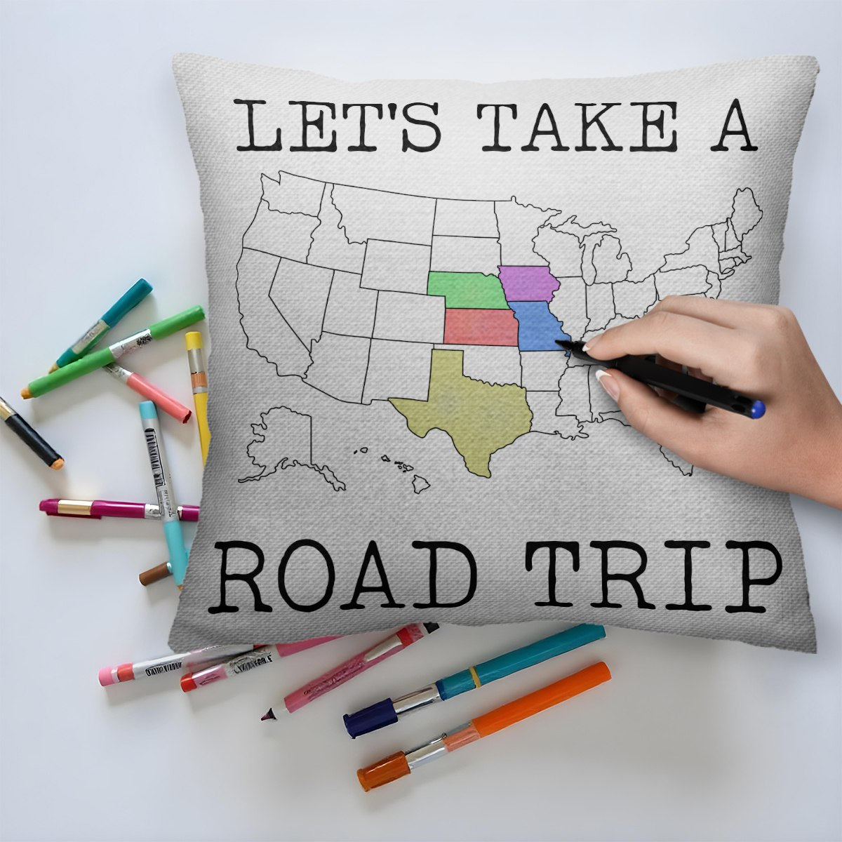 Let's Take a Road Trip With Colorful State Map - Personalized Custom Pillow, Mark Your Journey with Color - FAM134_PLW