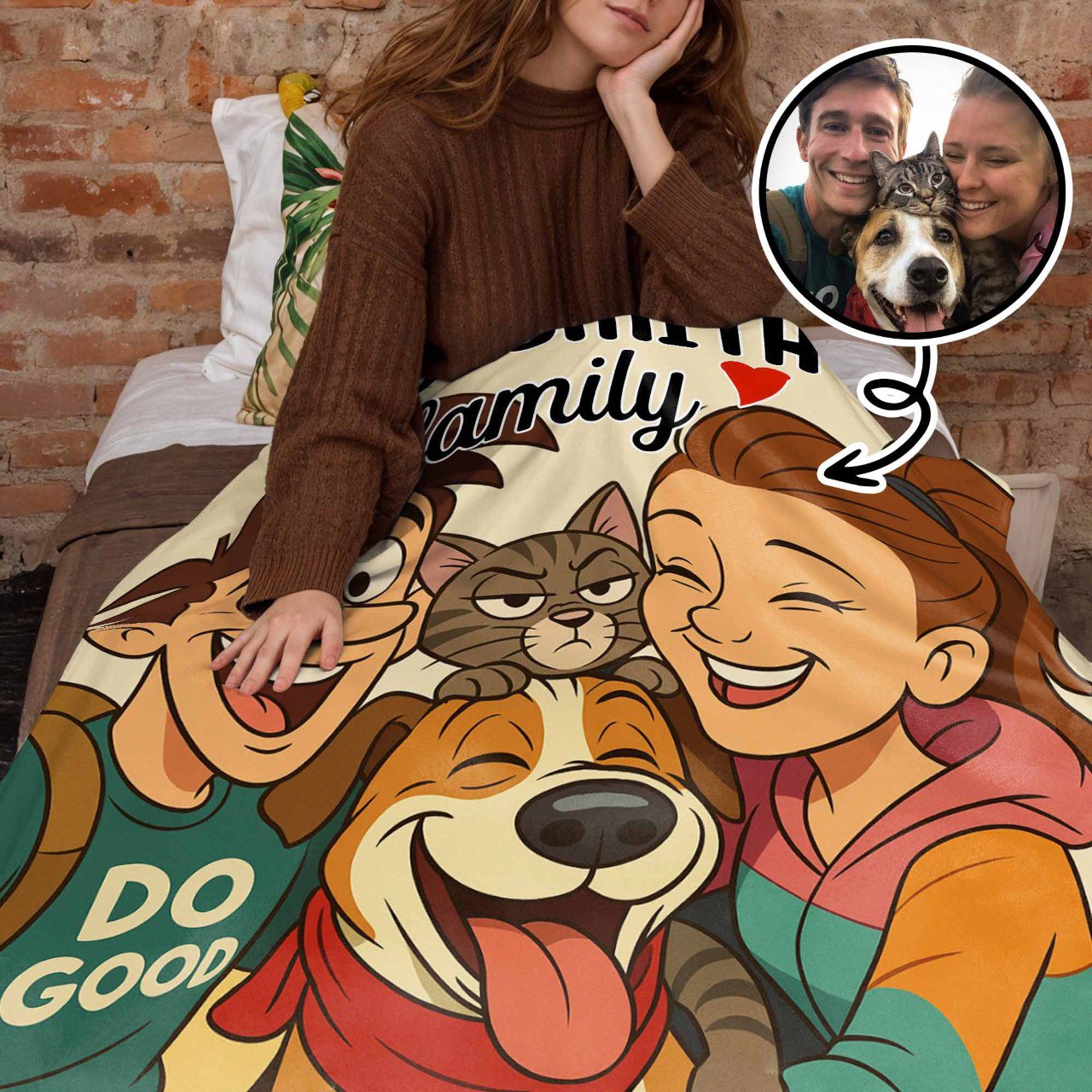 La famille Smith avec chien et chat – Couverture personnalisée – FAM402_BLK