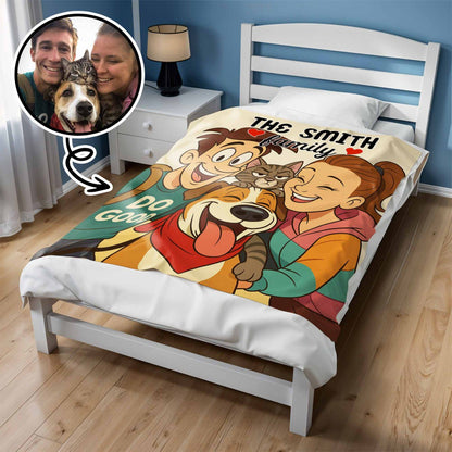 La famille Smith avec chien et chat – Couverture personnalisée – FAM402_BLK