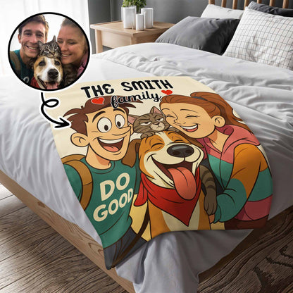 La famille Smith avec chien et chat – Couverture personnalisée – FAM402_BLK