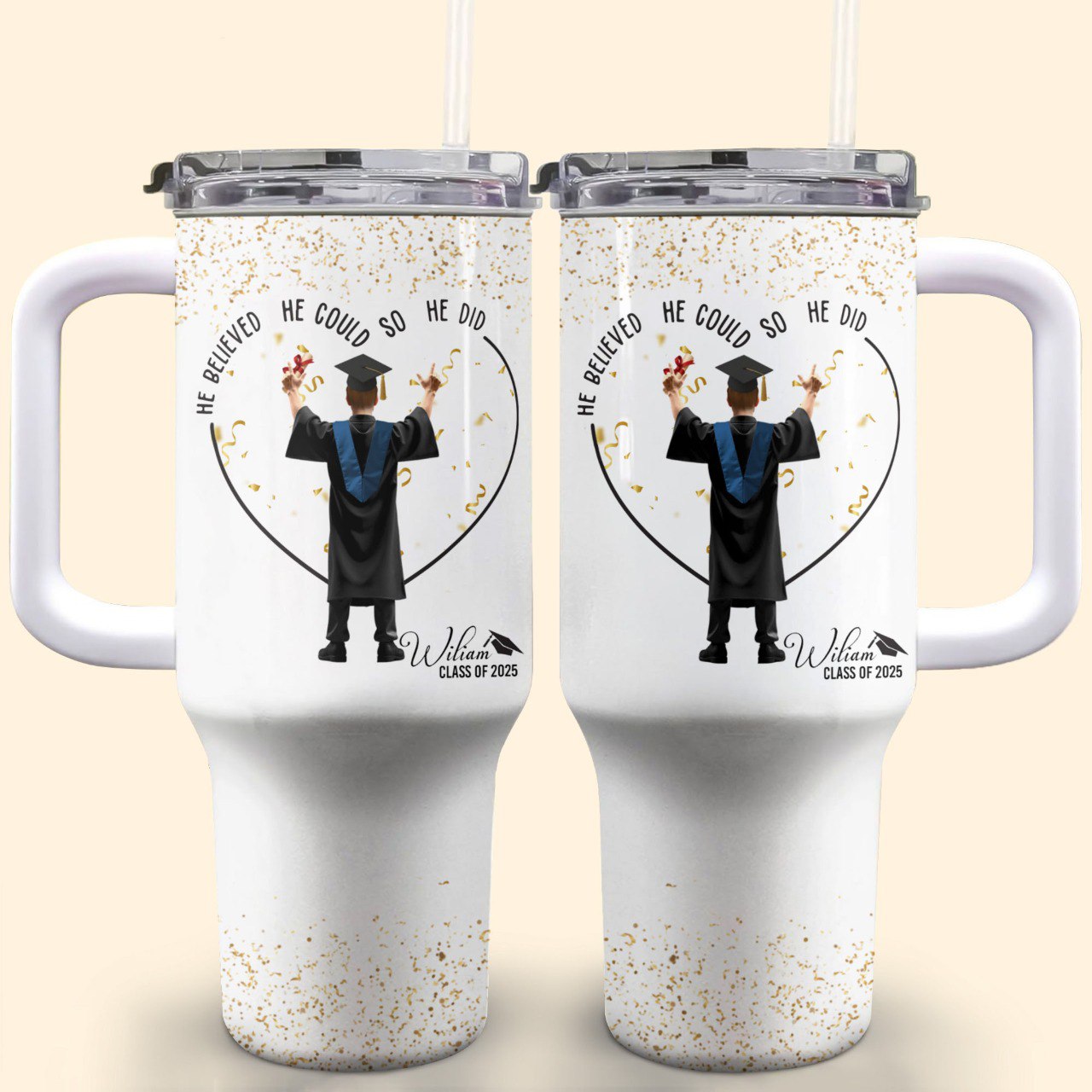 She Believed She Could So She Did, Graduation Cap and Confetti - Personalized 40oz Tumbler With Straw - GRAD351_TBS