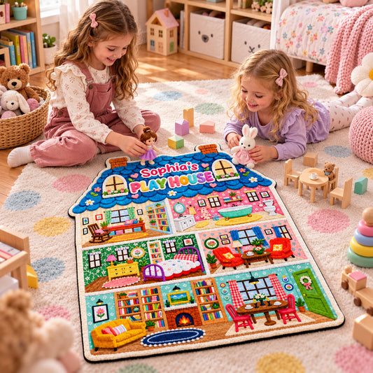 Play House Colorful Dollhouse Design With Furniture And Rooms - Personalized Custom Shaped Doormat - KID970_CUDOR