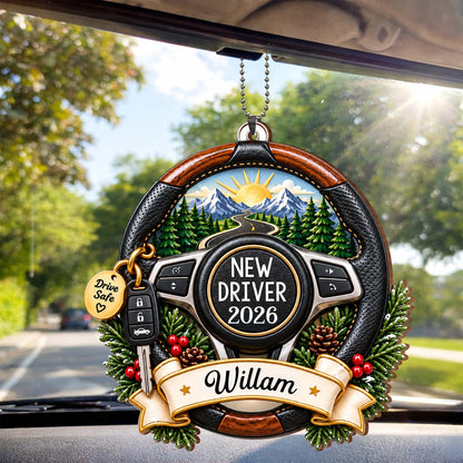 New Driver Drive Safe Steering Wheel Road Trip Landscape - Personalized Custom Wood Ornament, Car Hanging Ornament - XMAS396_WCA