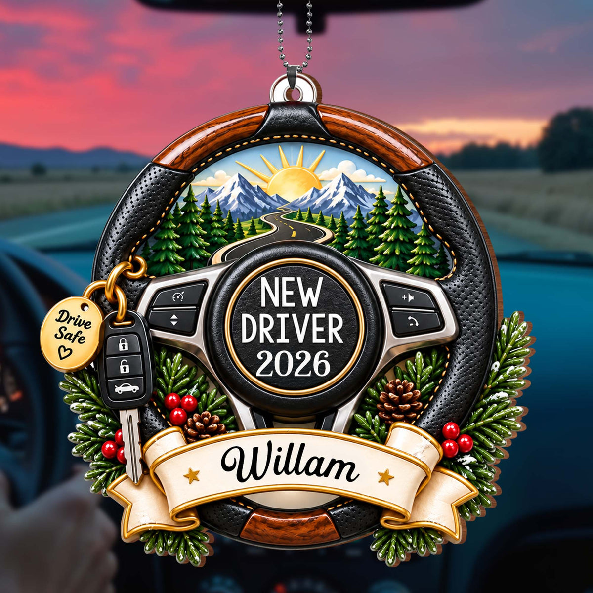 New Driver Drive Safe Steering Wheel Road Trip Landscape - Personalized Custom Wood Ornament, Car Hanging Ornament - XMAS396_WCA