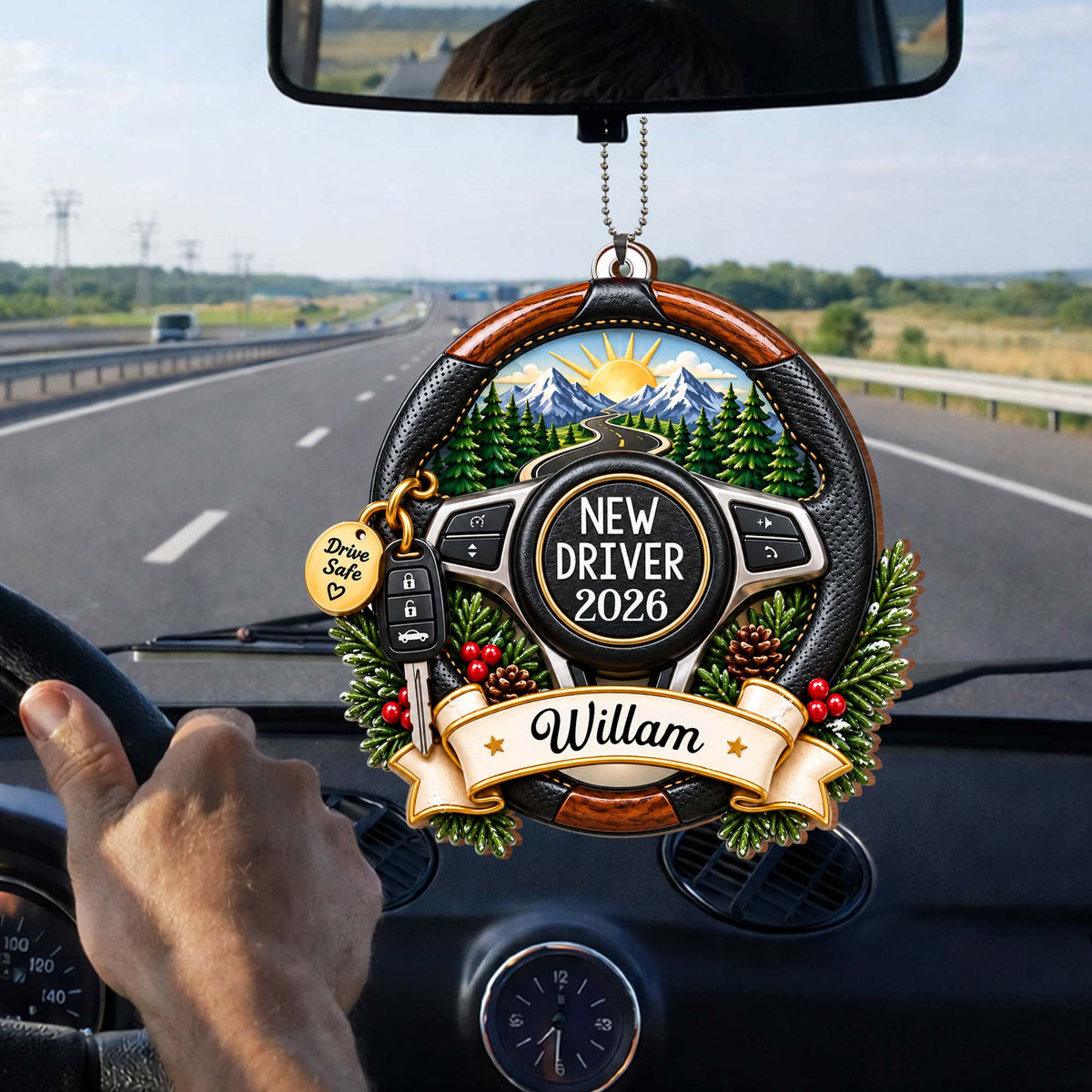 New Driver Drive Safe Steering Wheel Road Trip Landscape - Personalized Custom Wood Ornament, Car Hanging Ornament - XMAS396_WCA