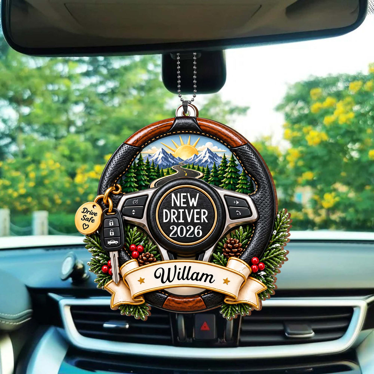 New Driver Drive Safe Steering Wheel Road Trip Landscape - Personalized Custom Wood Ornament, Car Hanging Ornament - XMAS396_WCA