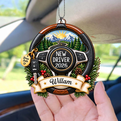 New Driver Drive Safe Steering Wheel Road Trip Landscape - Personalized Custom Wood Ornament, Car Hanging Ornament - XMAS396_WCA