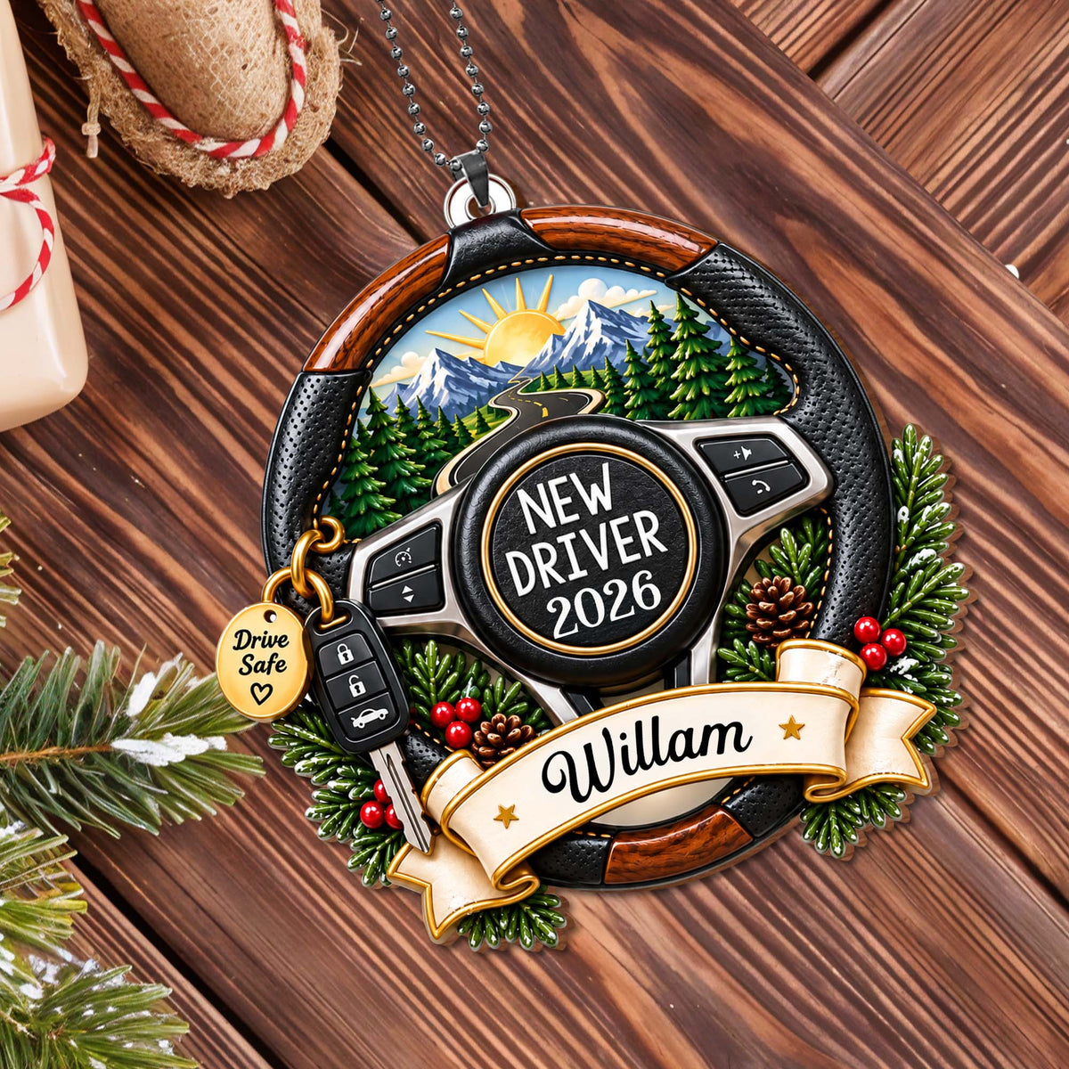 New Driver Drive Safe Steering Wheel Road Trip Landscape - Personalized Custom Wood Ornament, Car Hanging Ornament - XMAS396_WCA